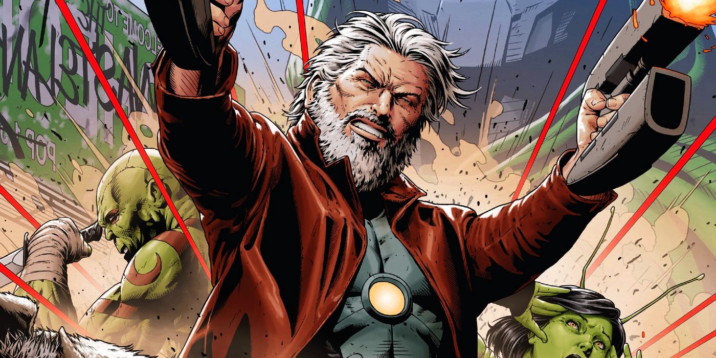 Old Man Quill Star-Lord fires his guns in Marvel Comics.