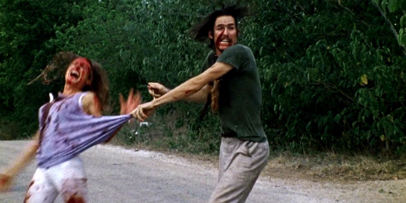 A man catches a young woman in a highwayriginal Texas Chainsaw Massacre Road Scene