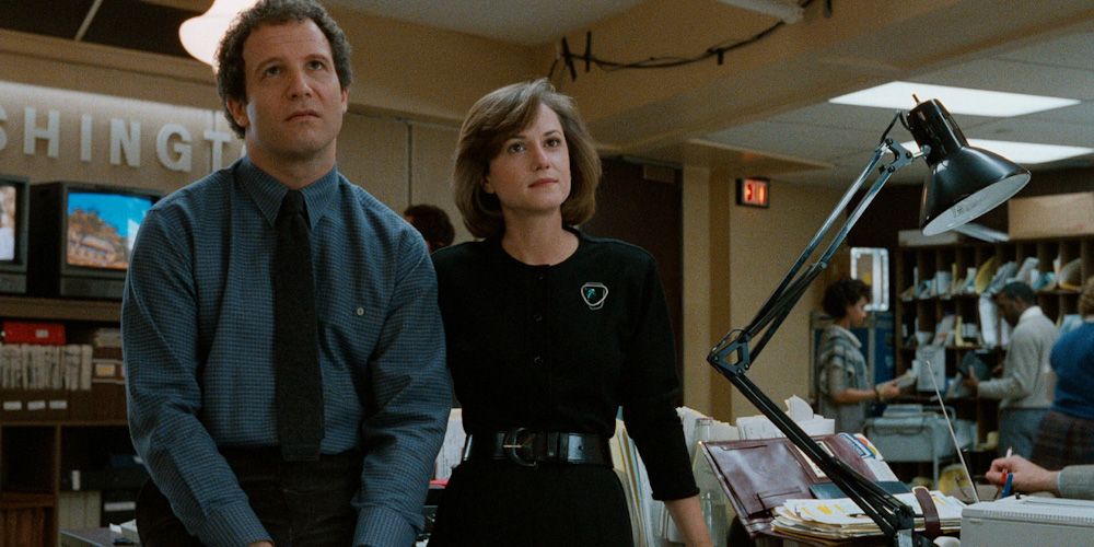Aaron and Jane at the station in Broadcast News