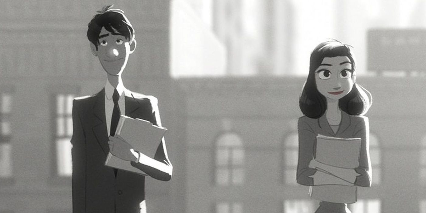 The couple from Paperman in black and white
