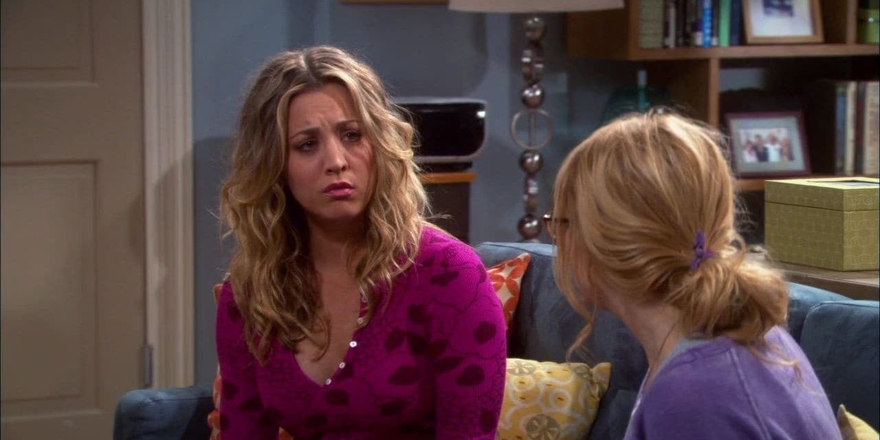 Penny and Bernadette talking in the apartment on the Big Bang Theory