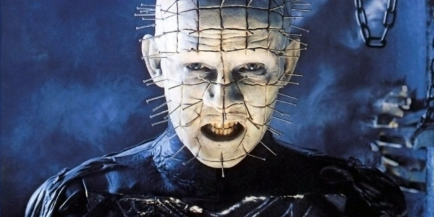 Pinhead from the original Hellraiser snarling at the viewer