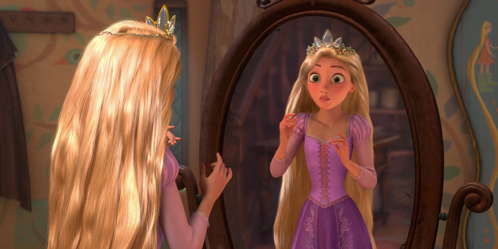 Rapunzel looks in the mirror in Tangled