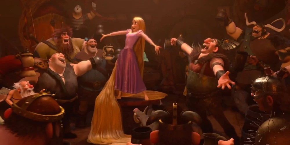 Rapunzel stands on a table in the tavern, singing with the other patrons, in Tangled