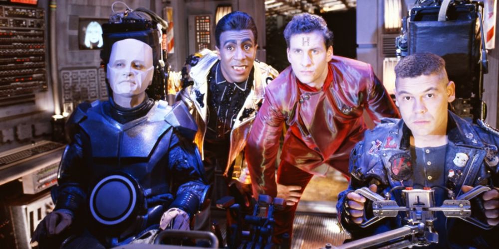 The cast of Red Dwarf on board the ship