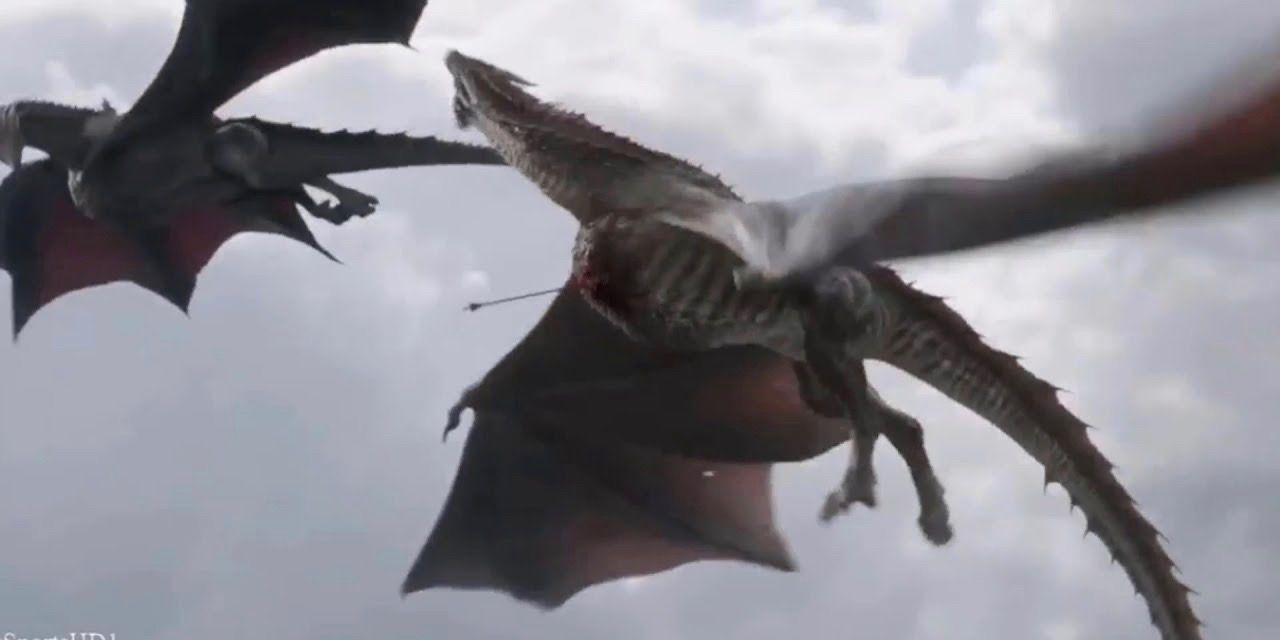 Rhaegal is killed by a large bolt.