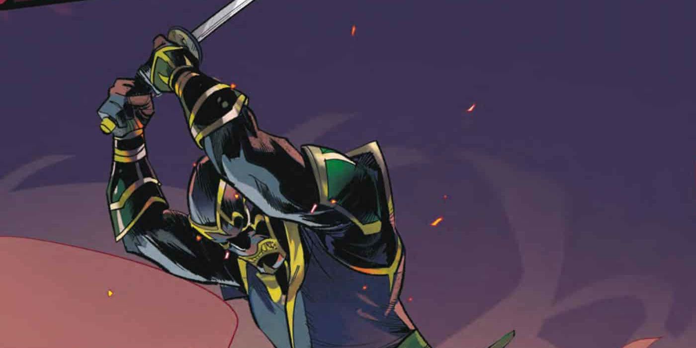 Clint Barton as Ronin raises his sword in battle in Marvel Comics