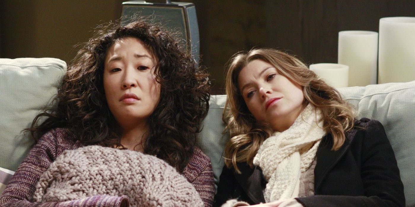 Cristina lays on a couch with Meredith in Grey&rsquo;s Anatomy.