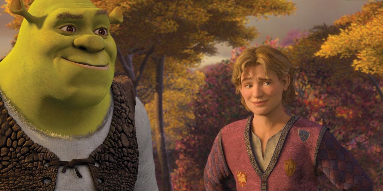 Shrek and Artie standing outside together and smiling in Shrek the Third