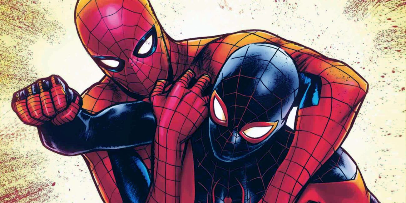 Spider-Men Peter and Miles fighting in Marvel Comics