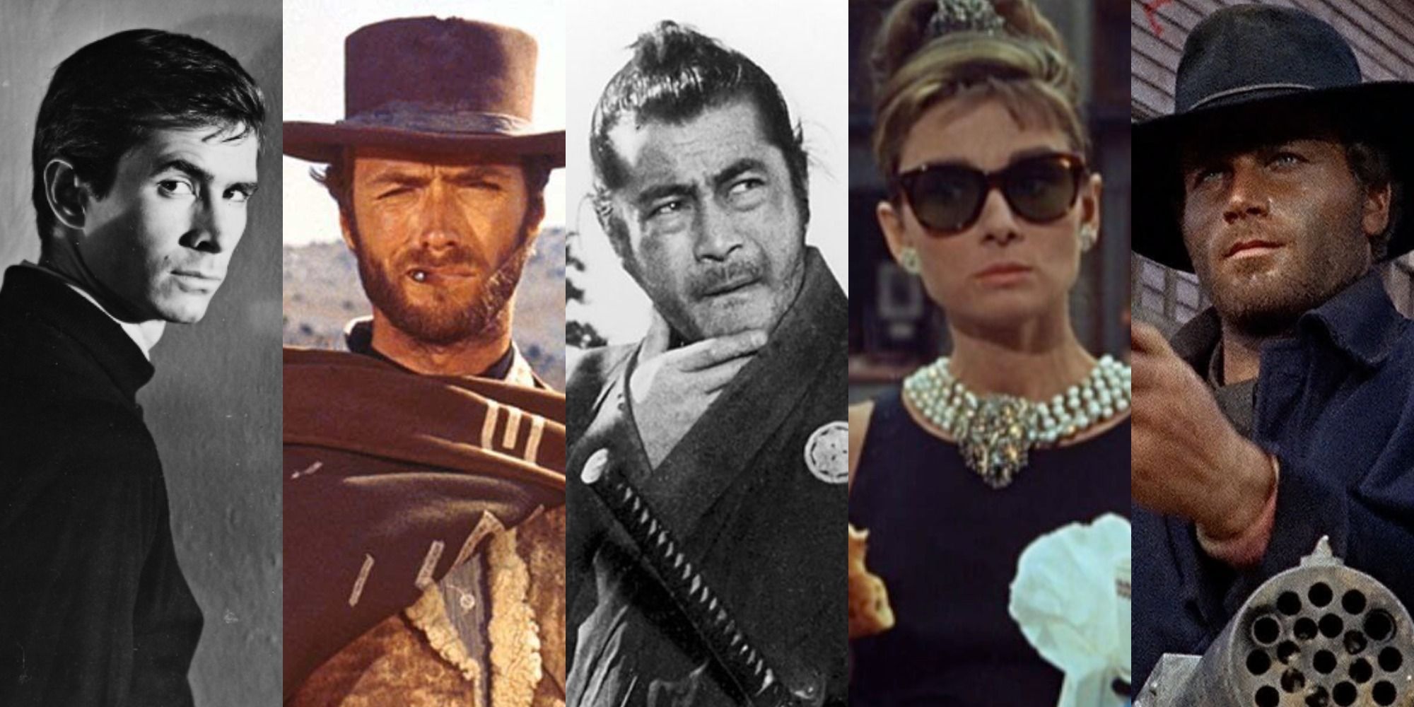 Split image of Anthony Perkins in psycho, Clint Eastwood in The Good the Bad and the Ugly, Toshiro Mifune in Yojimbo, Audrey Hepburn in Brekfast at Tiffany&#8217;s and Franco Nero in Django
