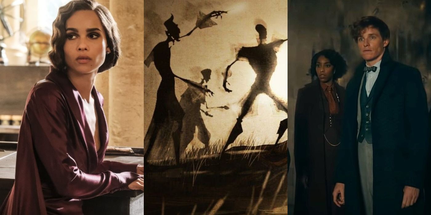 Split image of Lestrange, Three Brothers, Newt and Eulalie in Fantastic Beasts feature