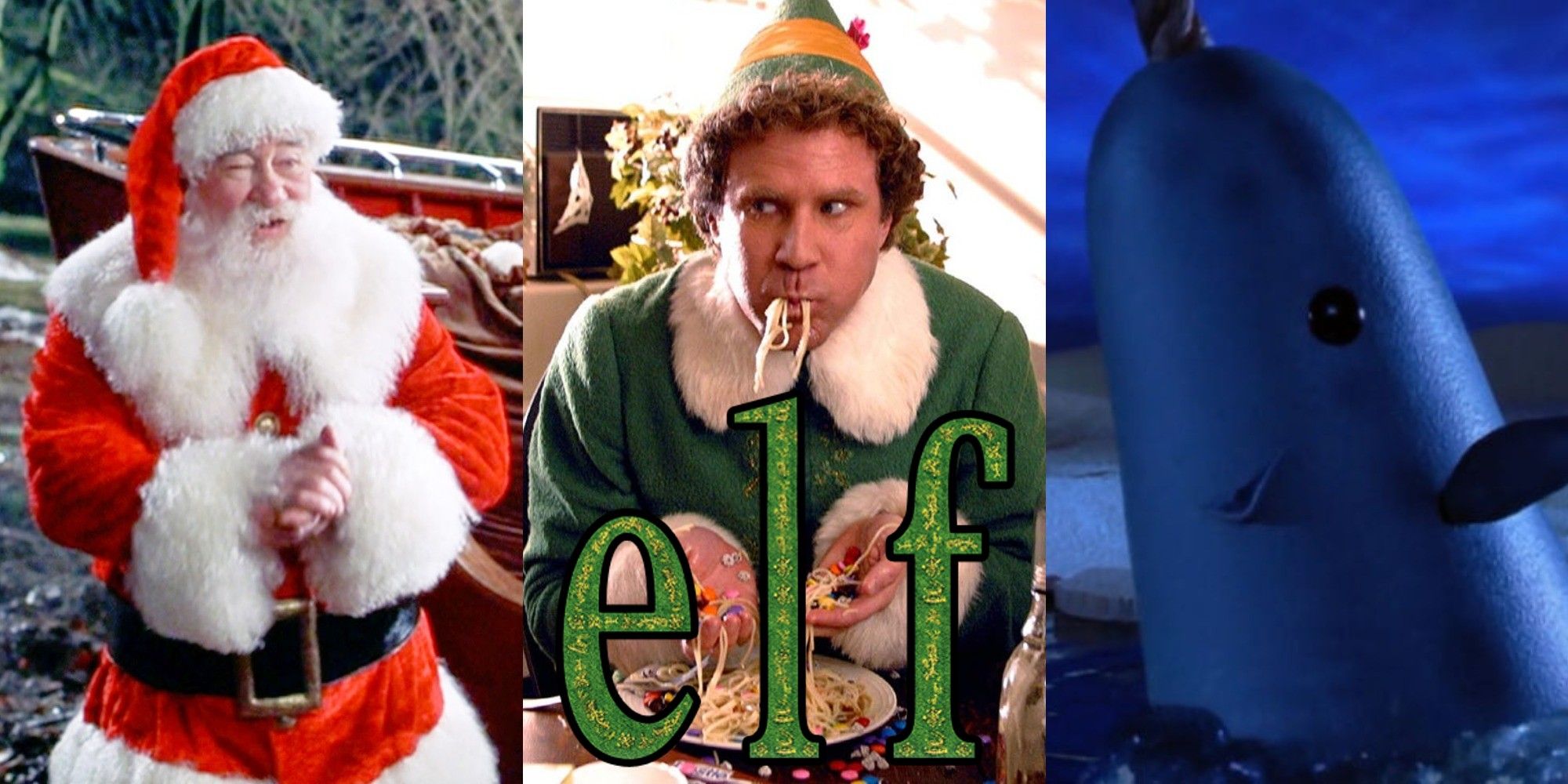 Split image of Santa, Buddy the Elf, and Mr. Narwhal from the movie Elf