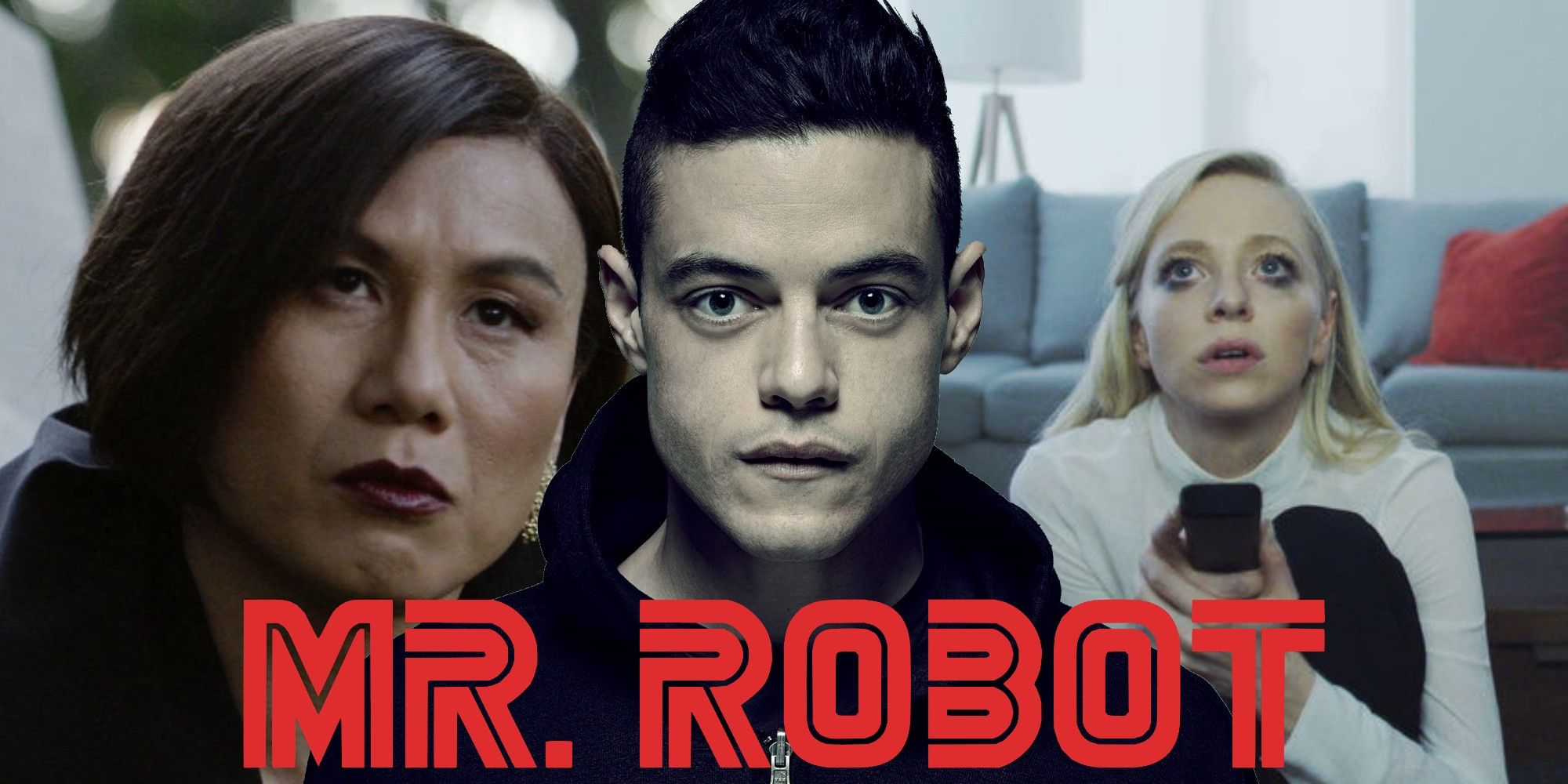 Split image of Whiterose, Elliot and Angela from Mr. Robot