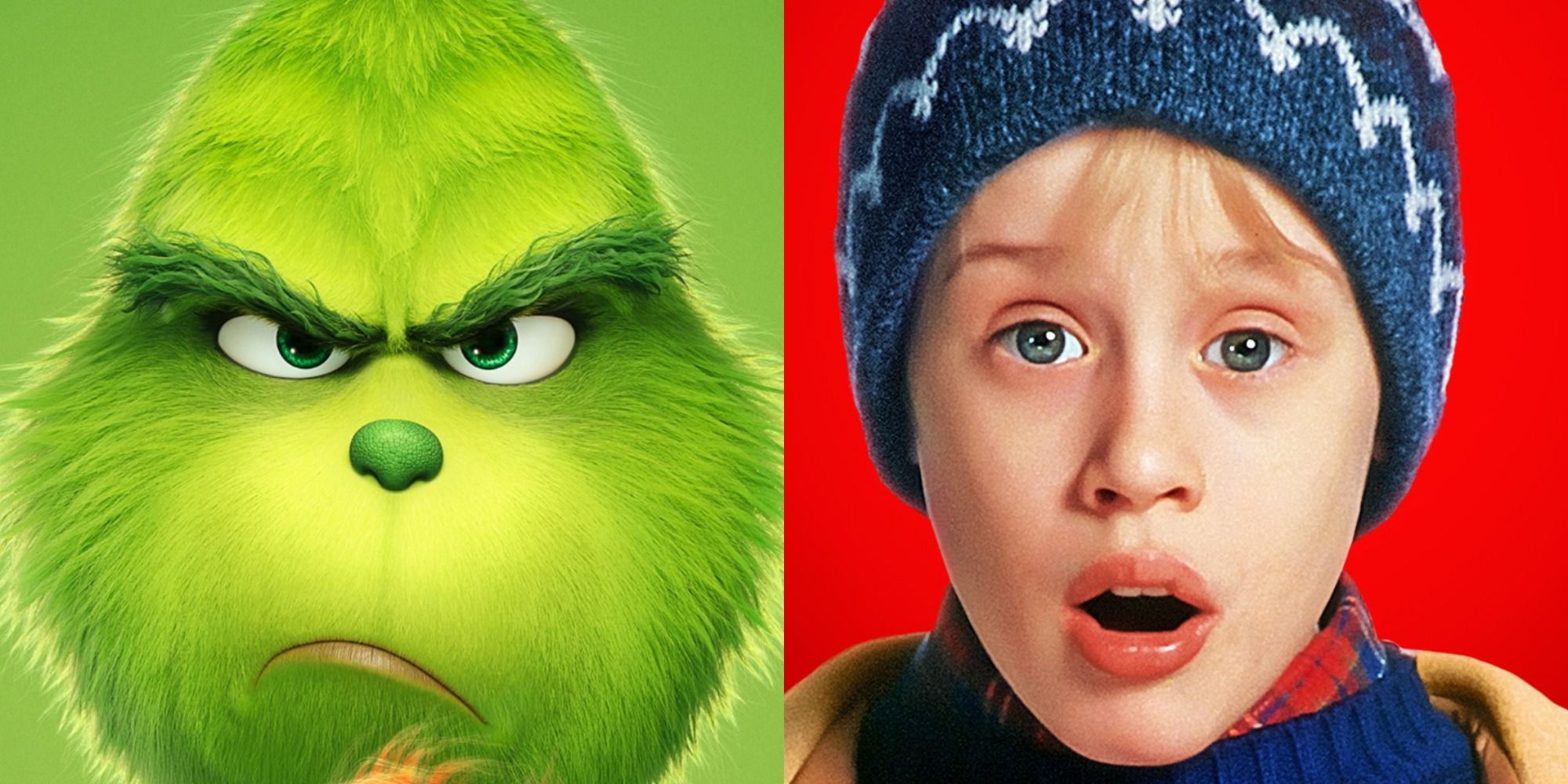 Split image of the animated Grinch and Macauley Culkin in Home Alone