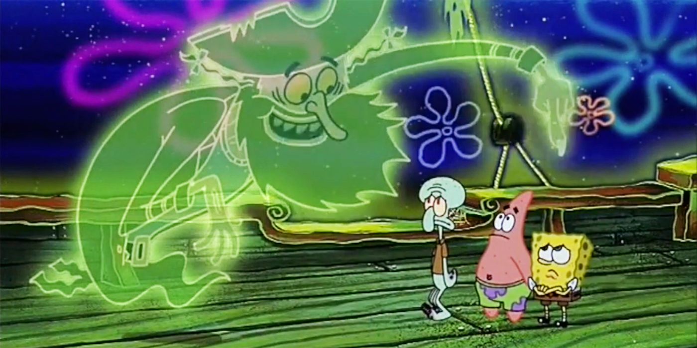 SpongeBob, Patrick and Squidward with the flying Dutchman