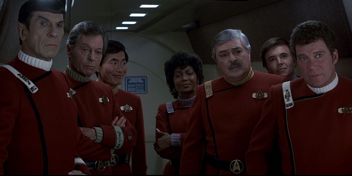 The Enterprise crew look on in uniform from Star Trek IV
