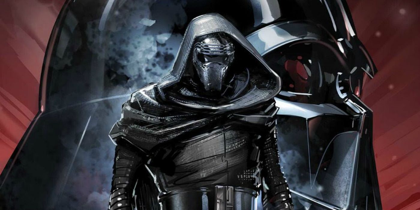Kylo Ren stands with his lightsaber with Darth Vader's head in the background in a Marvel comic.