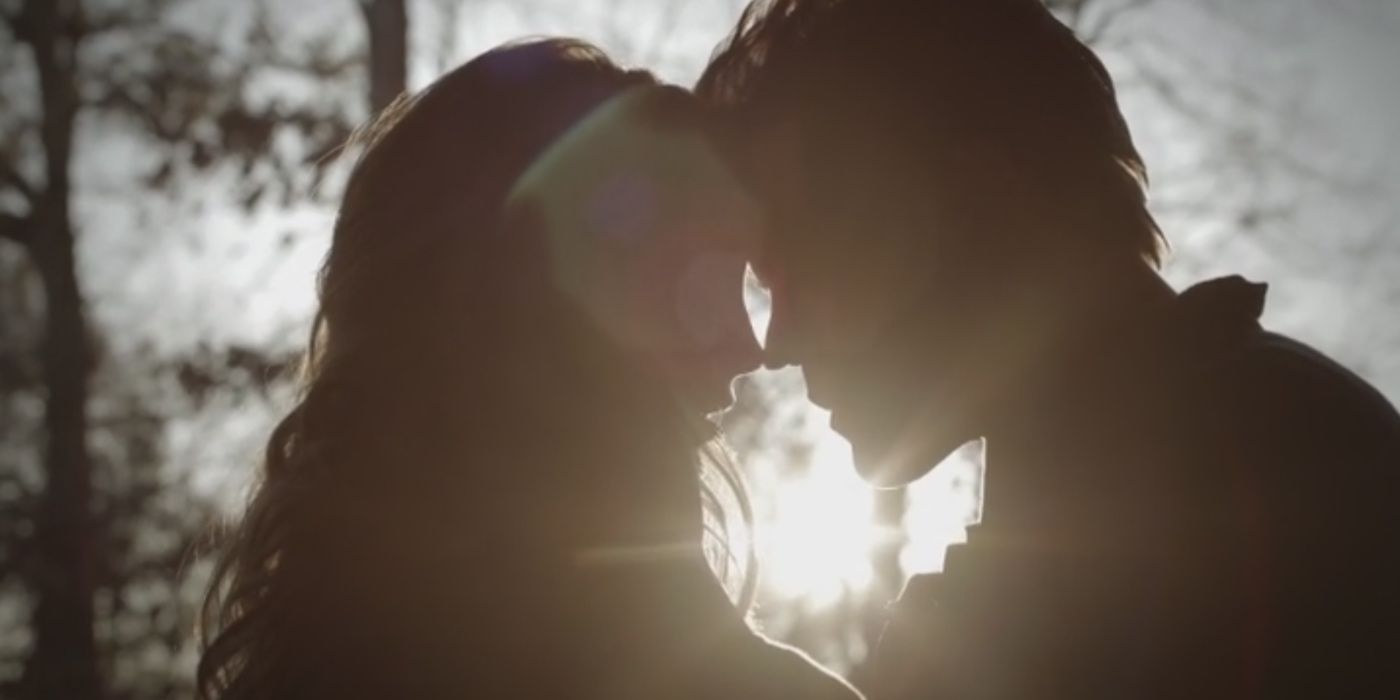 Stefan and Caroline have their first kiss in The Vampire Diaries.