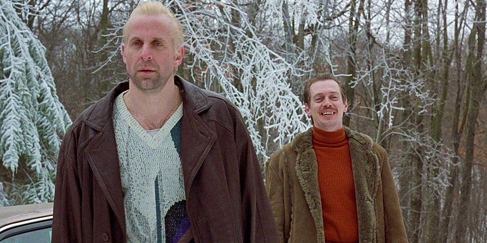 Steve Buscemi and Peter Stormare standing in the woods in Fargo