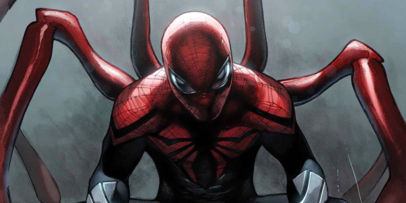 The Superior Spider-Man glares at the viewer with 4 spider legs behind him in Marvel Comics.