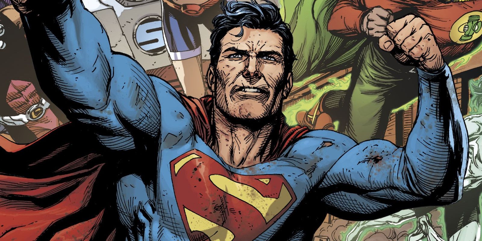 Superman flying with his fists closed and a stern expression