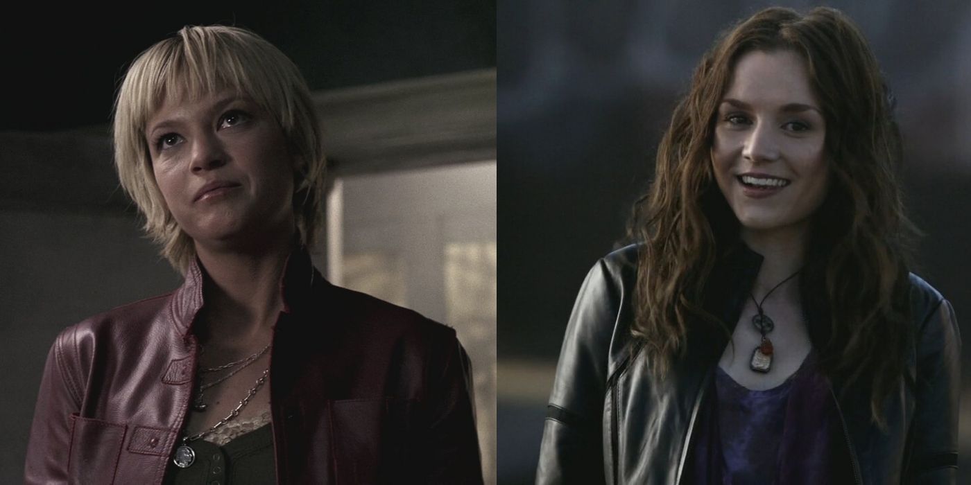 A split image shows the demon known as Meg Masters, played by Nicki Aycox and Rachel Miner on Supernatural