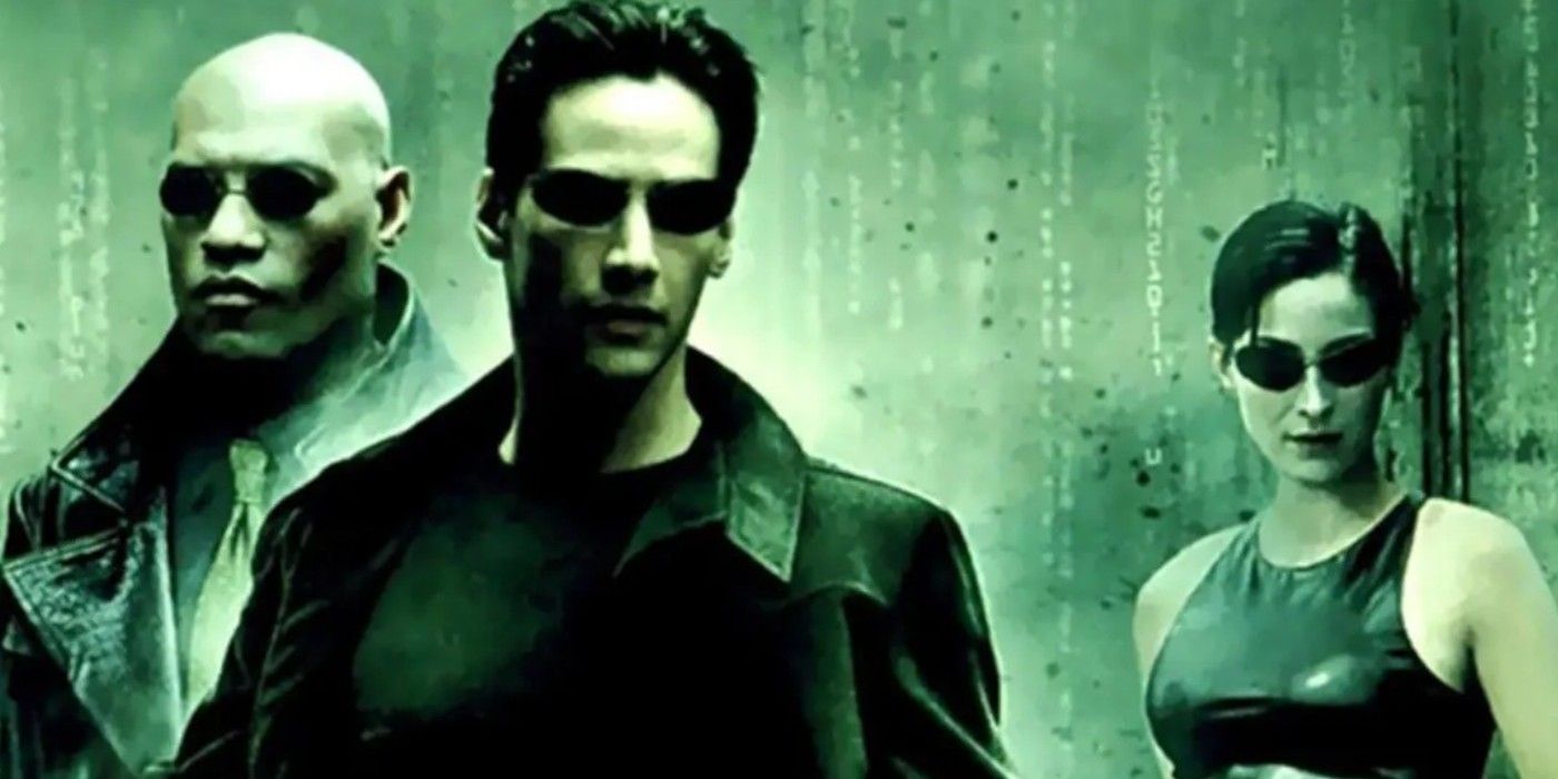 Morpheus, Neo, and Trinity in green tint in original images from The Matrix