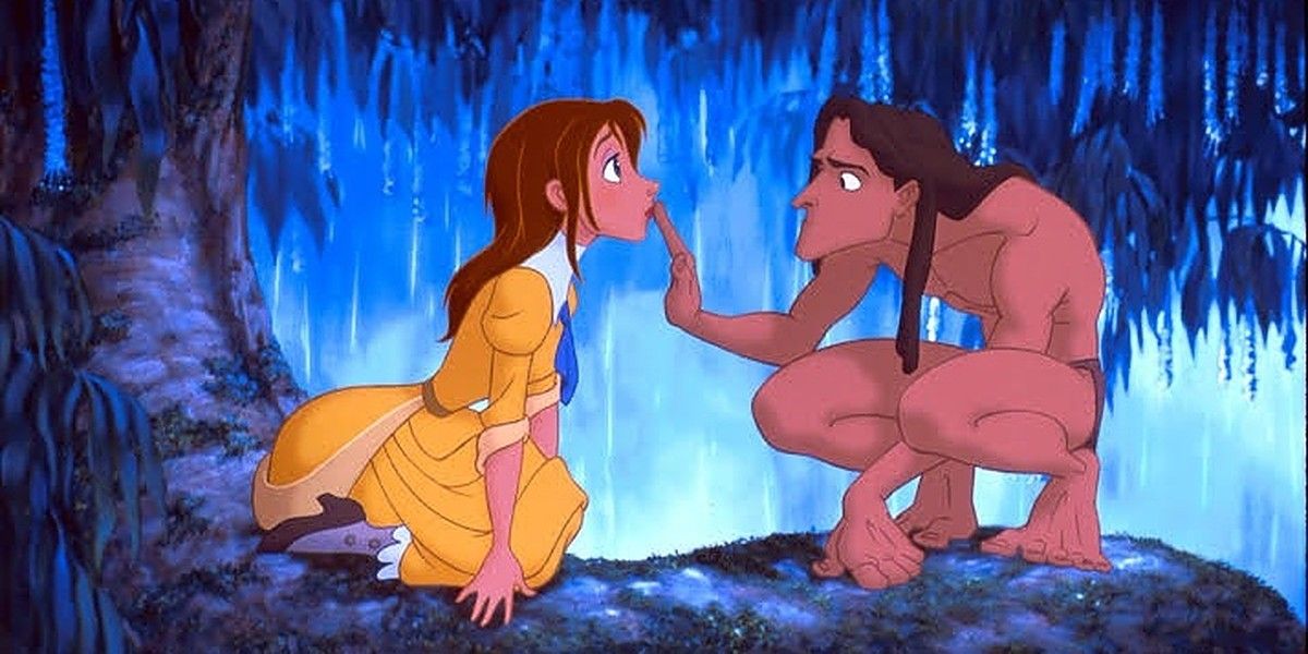 Tarzan impede Jane de falar em uma árvore no filme de animação da Disney