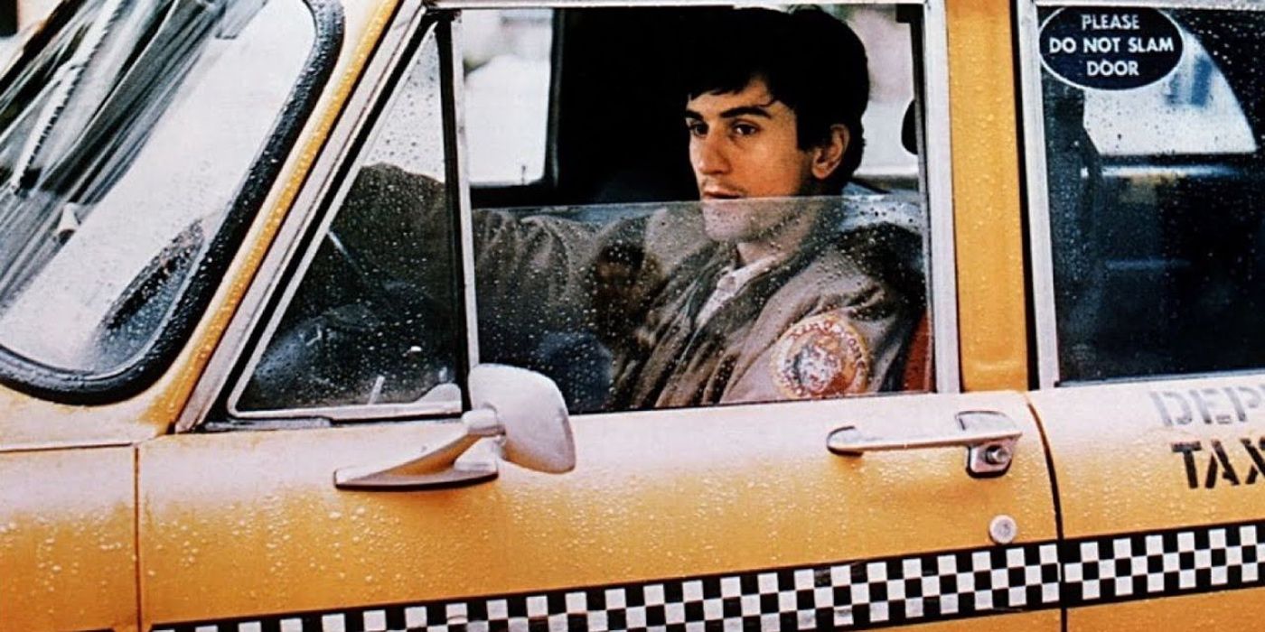 Deniro sits in a taxi in Taxi Driver