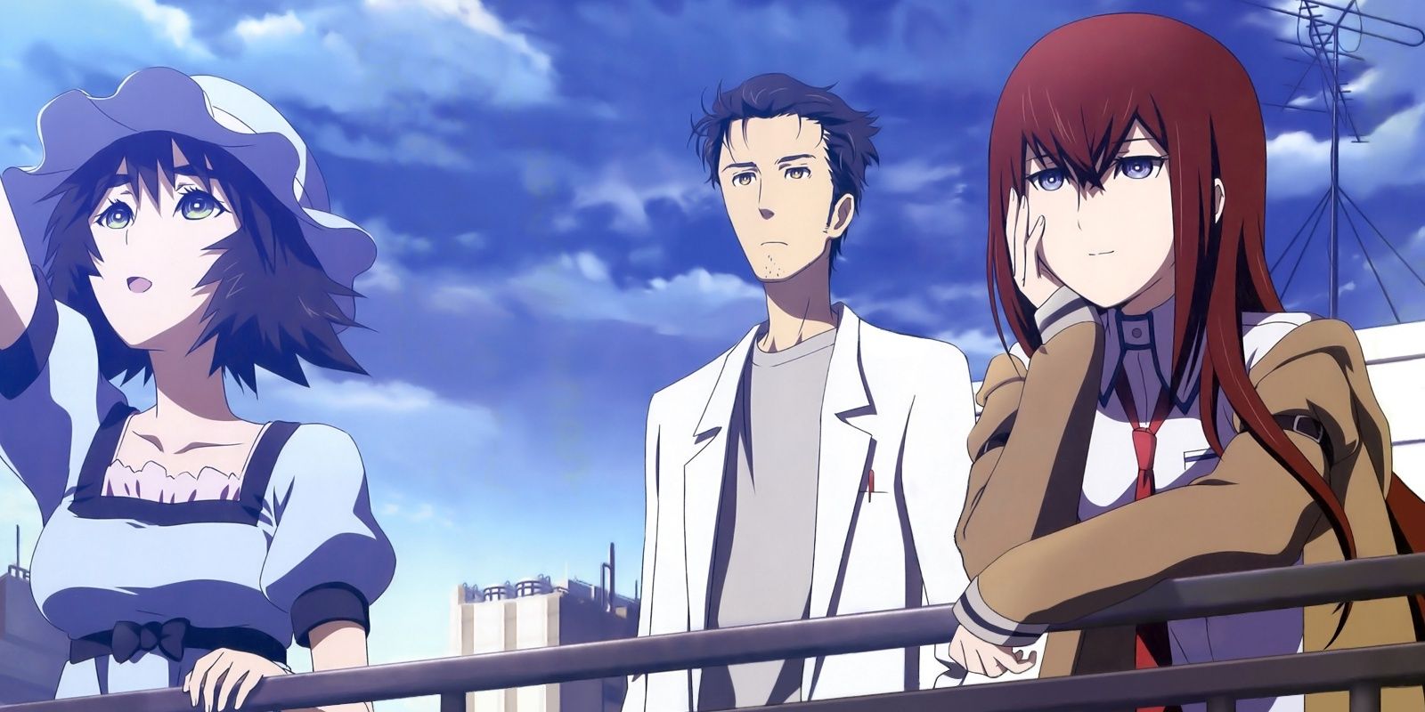 Three characters looking to the distance in Steins;Gate.