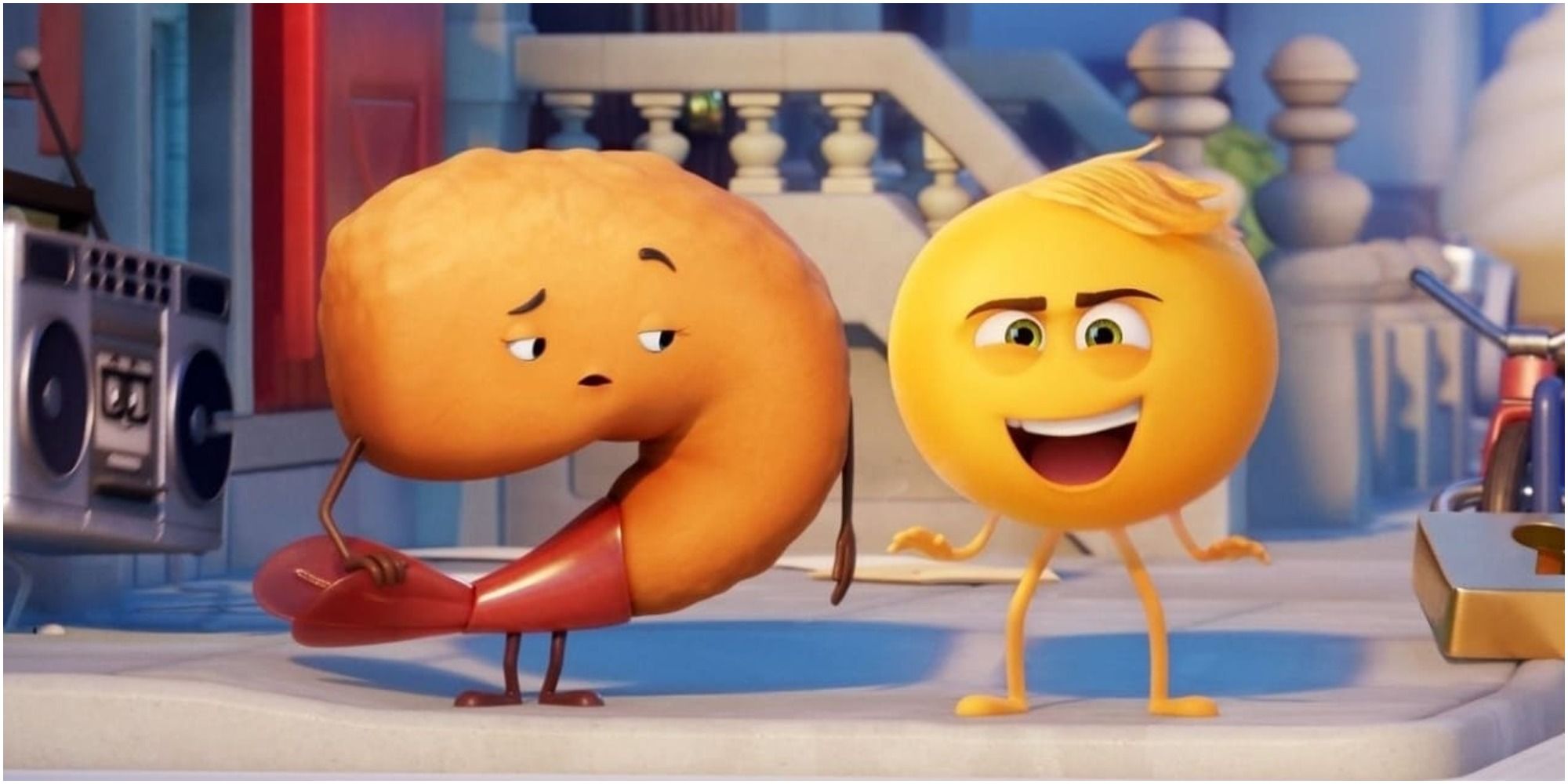 A shrimp and smiley in The Emoji Movie