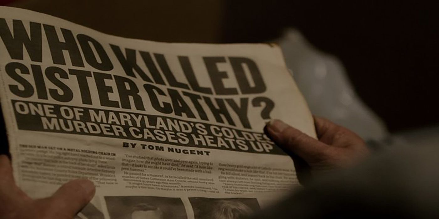 A newspaper headline about who killed Sister Cathy in The Keepers