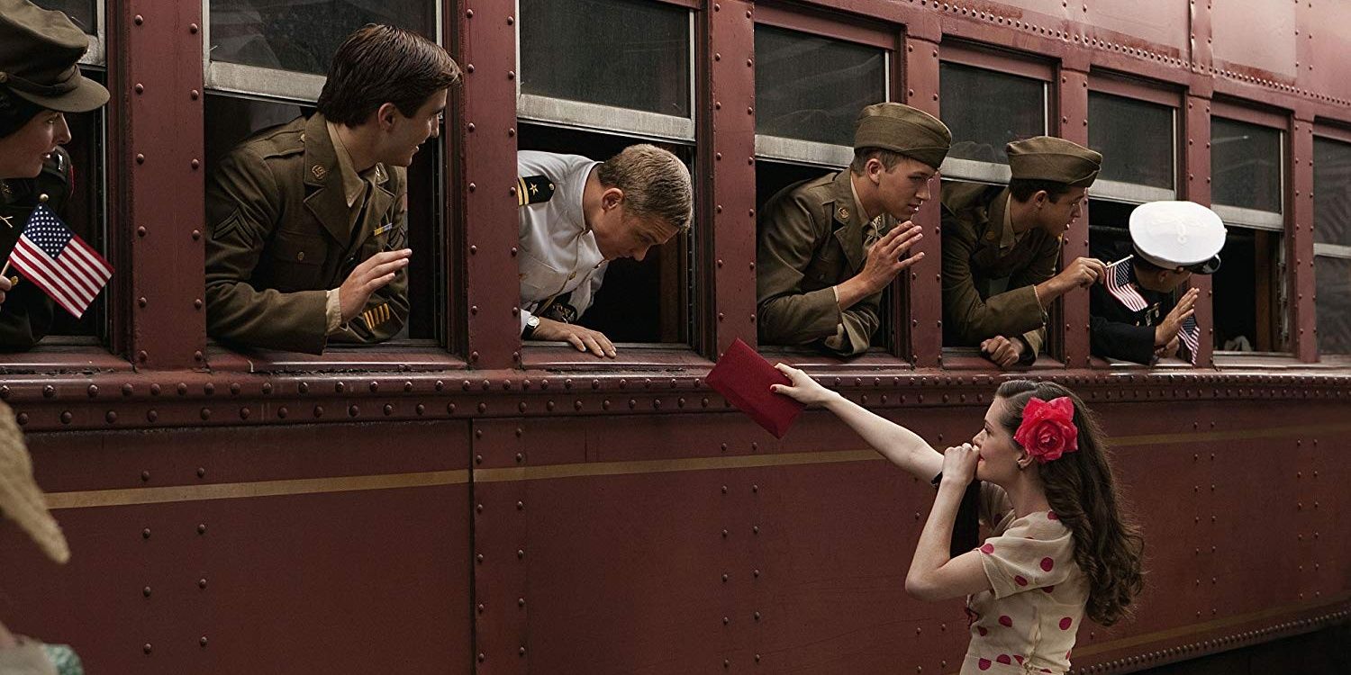 A young woman says goodbye to a soldier on a train in The Lost Valentine on Hallmark