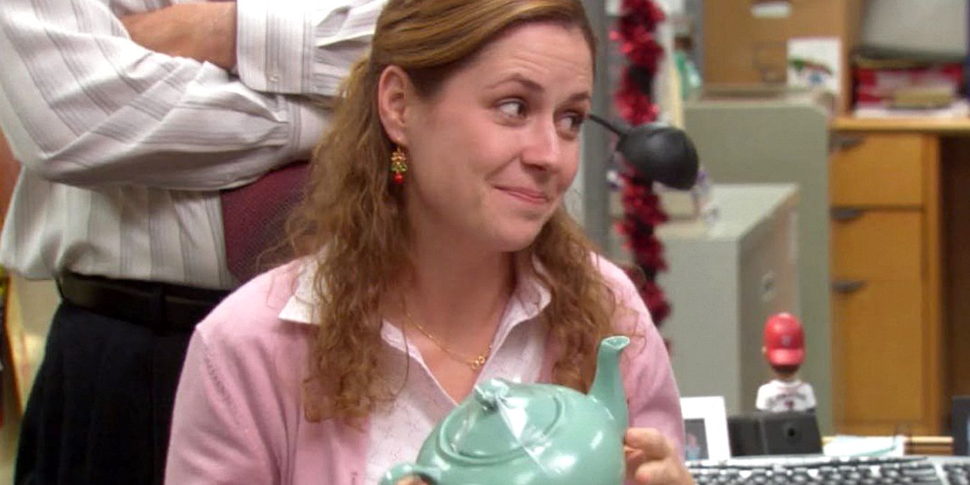 Pam with a teapot in The Office