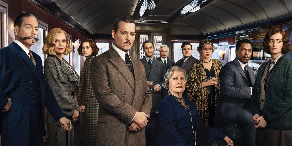 The cast of Murder on the Orient Express (2017) is assembled in the train car