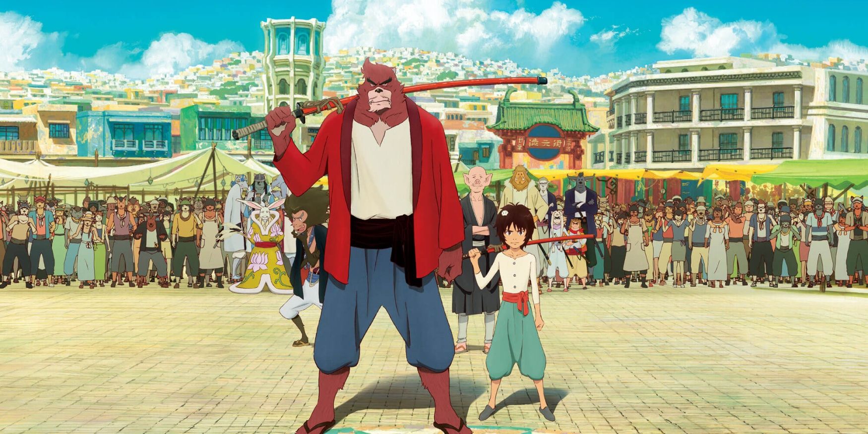 A fox-like creature and a young boy hold samurai swords in the The Boy and the Beast anime
