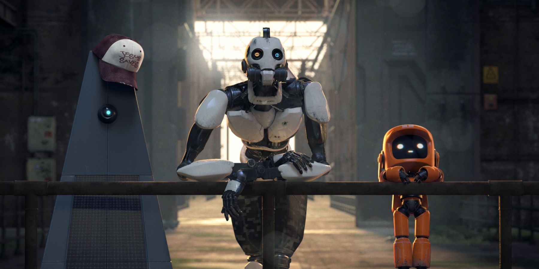 Tres robots apoyados en una barandilla en Love, Death & Robots.