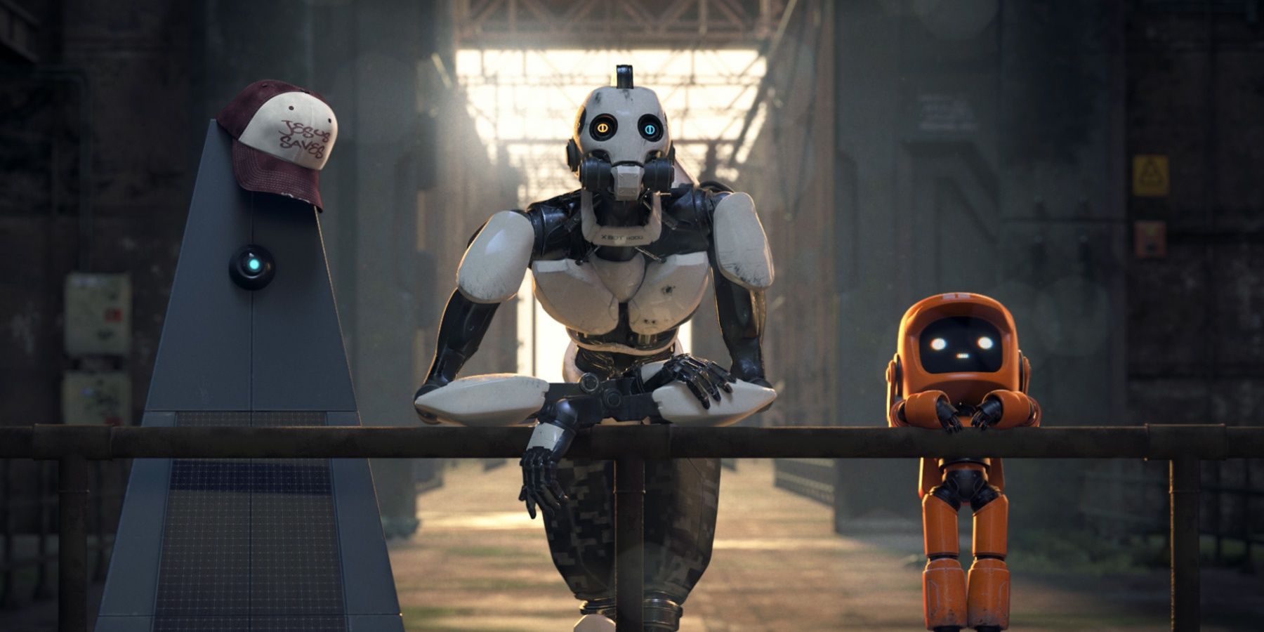 Three robots leaning on a railing in Love, Death & Robots.