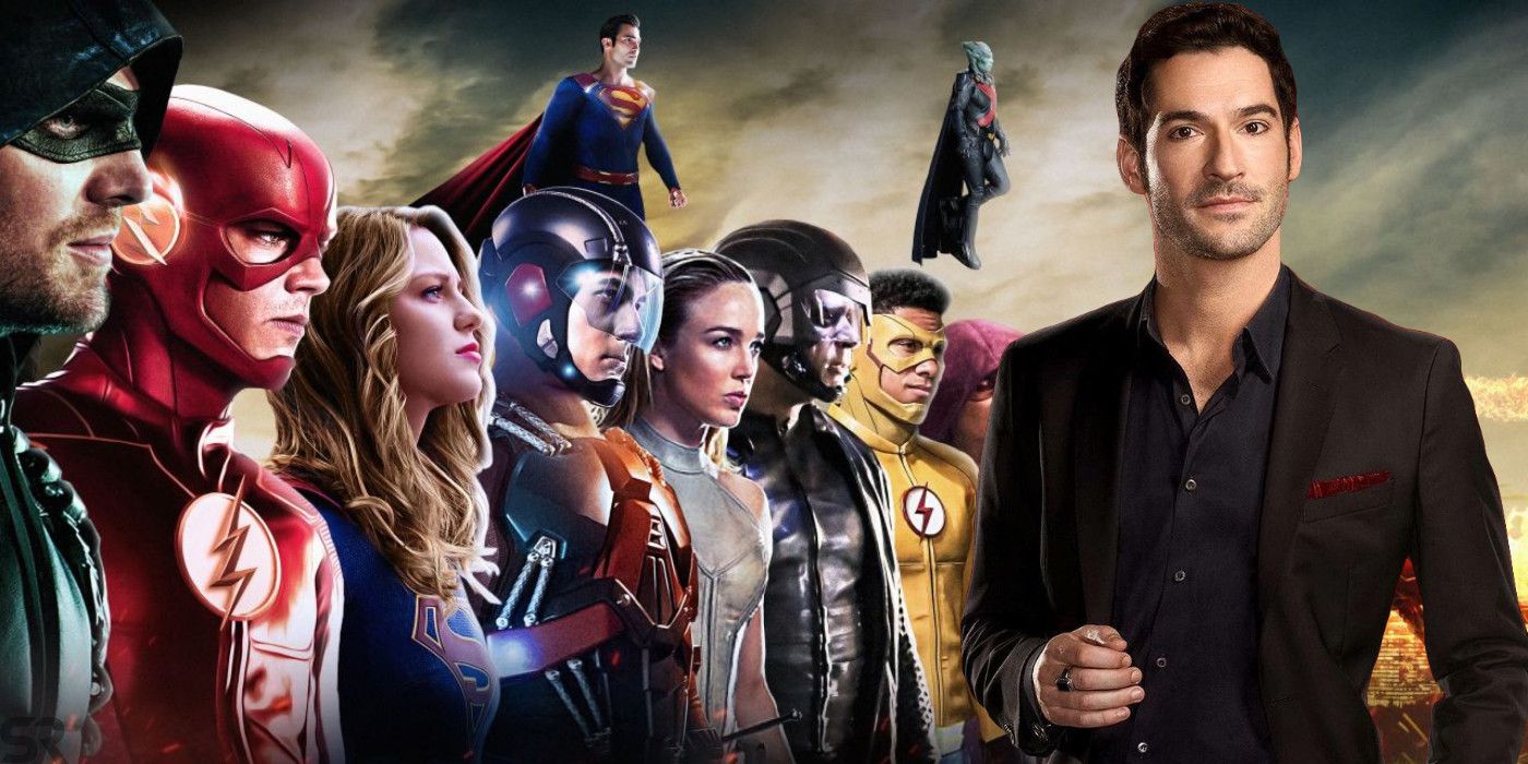 Tom Ellis as Lucifer, Stephen Amell as Oliver Queen Arrow Grant Gustin as Barry Allen The Flash, Melissa Benoist as Kara Danvers Supergirl Arrowverse Crisis on Infinite Earths