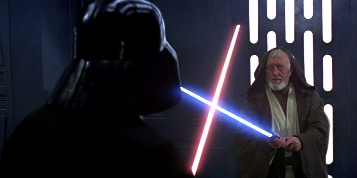 Obi-Wan and Darth Vader duel on the Death Star in A New Hope