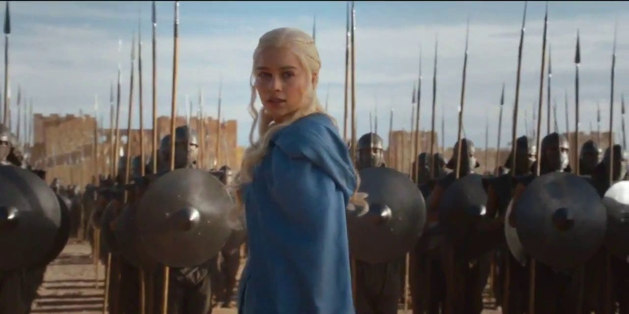 Daenerys standing in front of the Unsullied after she's freed them. 