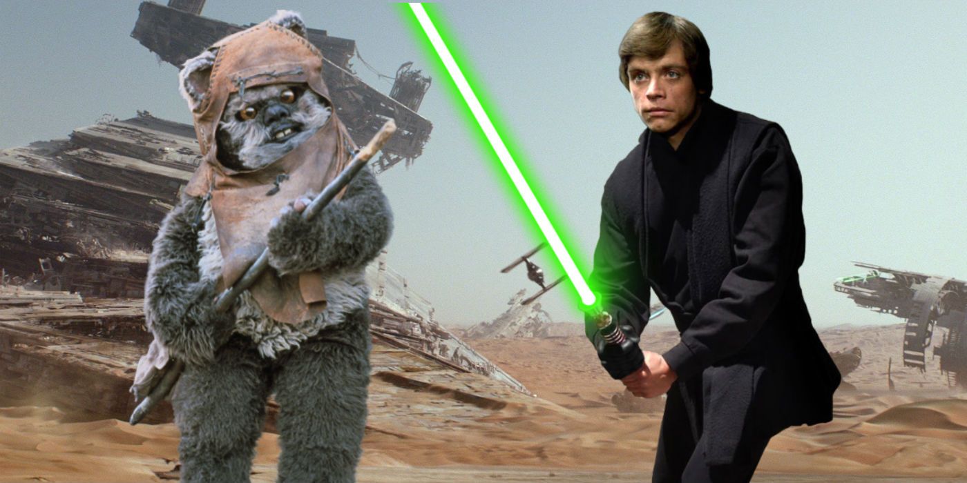 Warwick Davis as Wicket the Ewok and Mark Hamill as Luke Skywalker in Star Wars Return of the Jedi Jakku