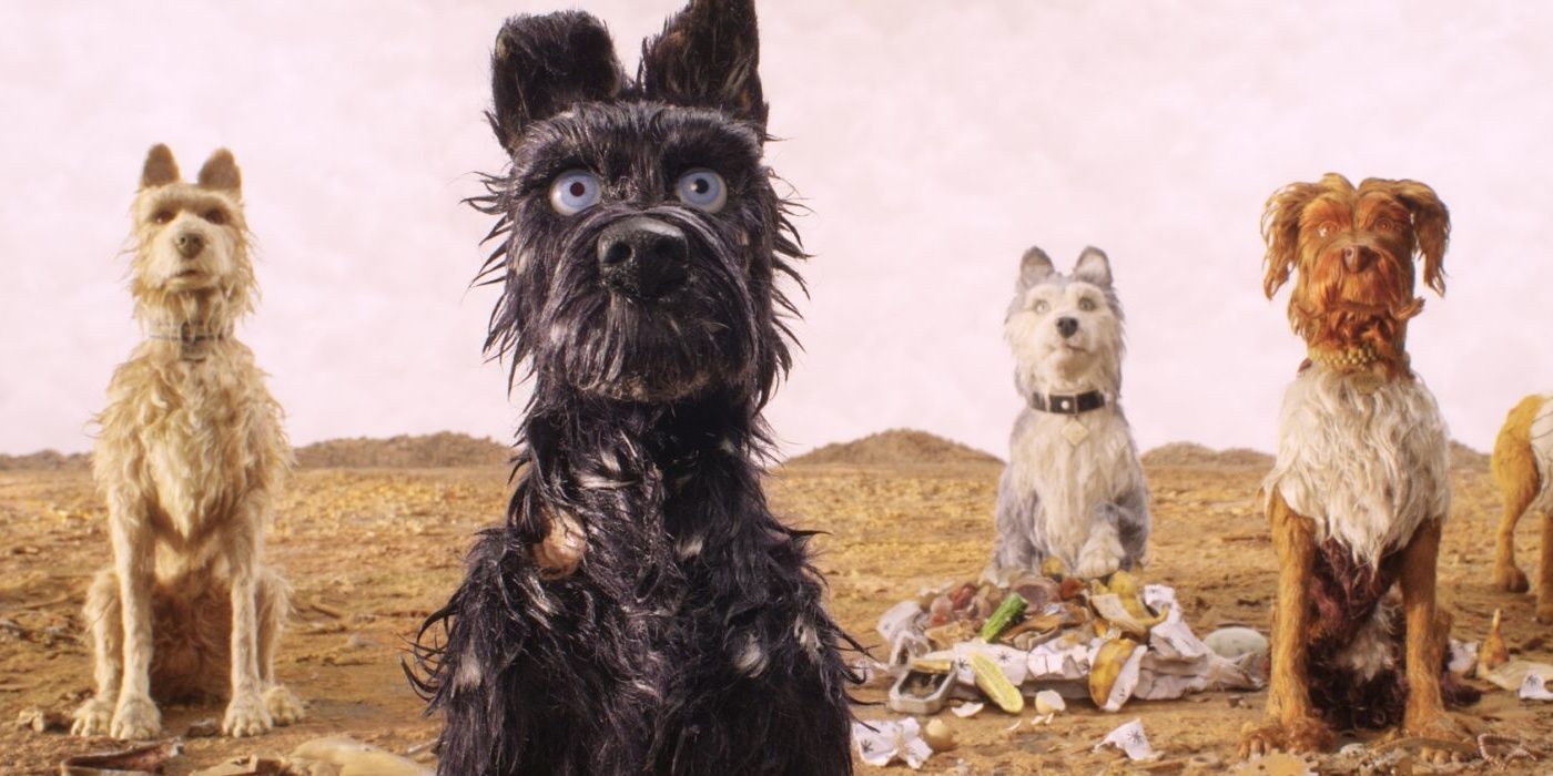 The dogs all intently stare straight ahead in Isle of Dogs