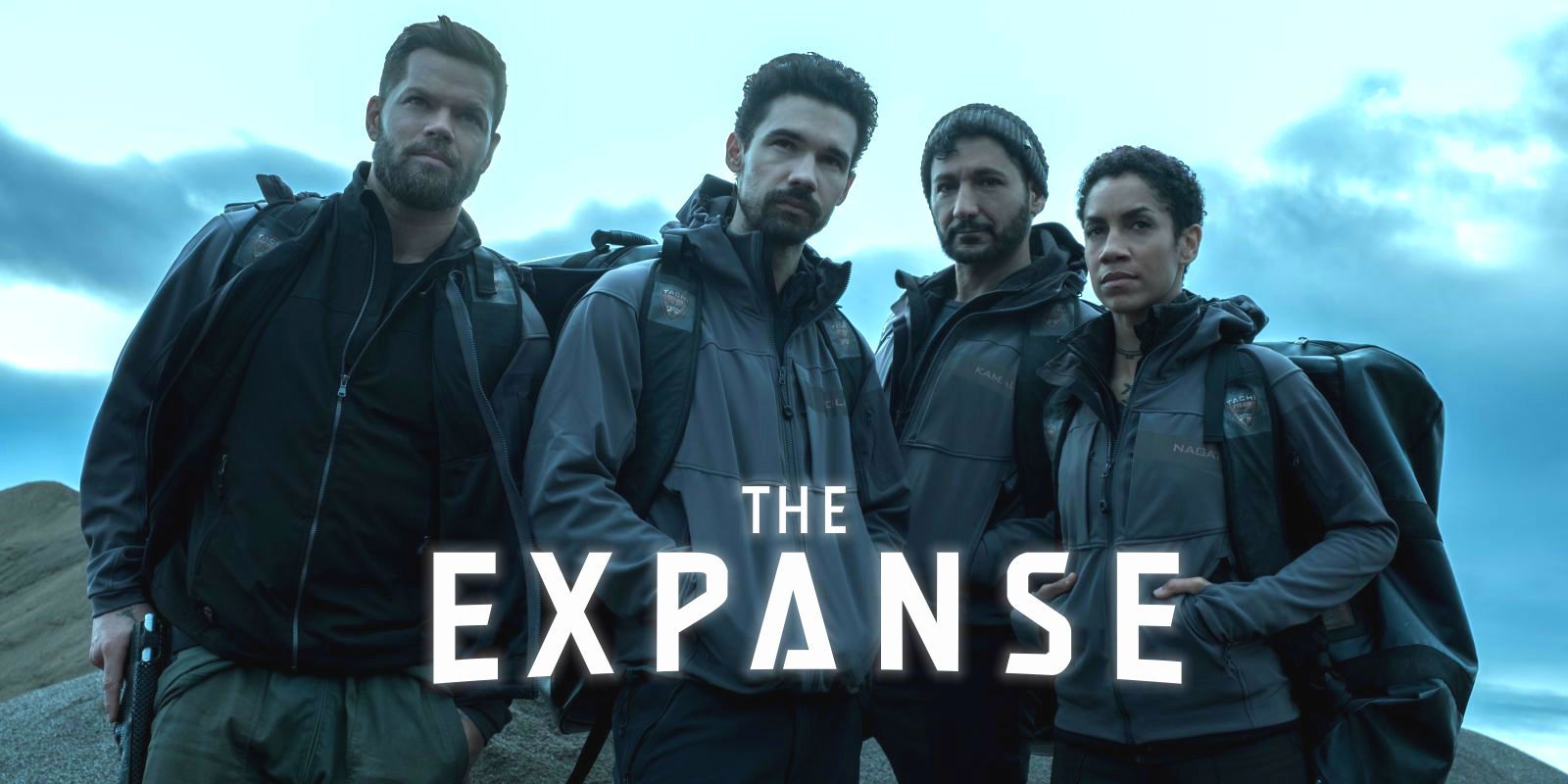 Wes Chatham as Amos, Steven Strait as James Holden, Cas Anvar as Alex and Dominique Tipper as Naomi in The Expanse logo