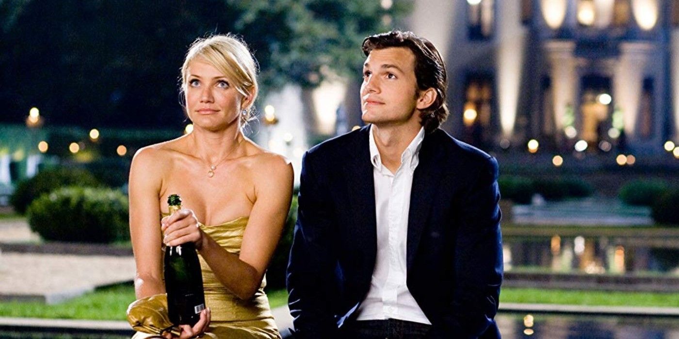 Cameron Diaz and Ashton Kutcher with a bottle of champagne in What Happens In Vegas