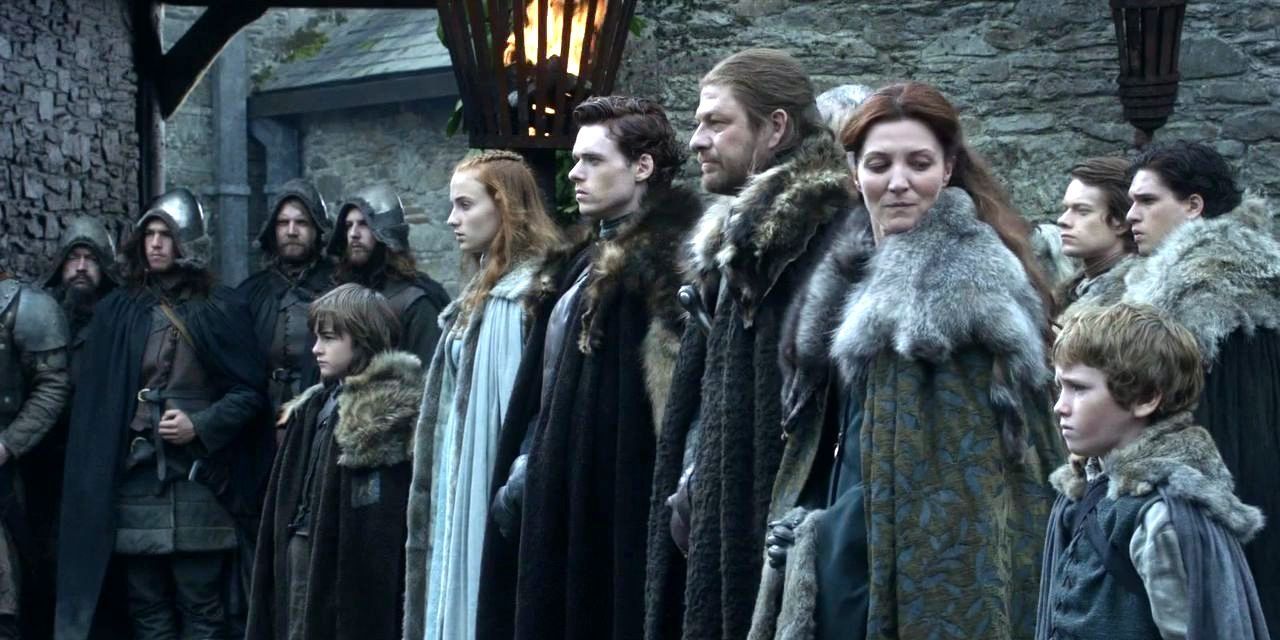 The Starks lined up in Winterfell in GOT's first episode