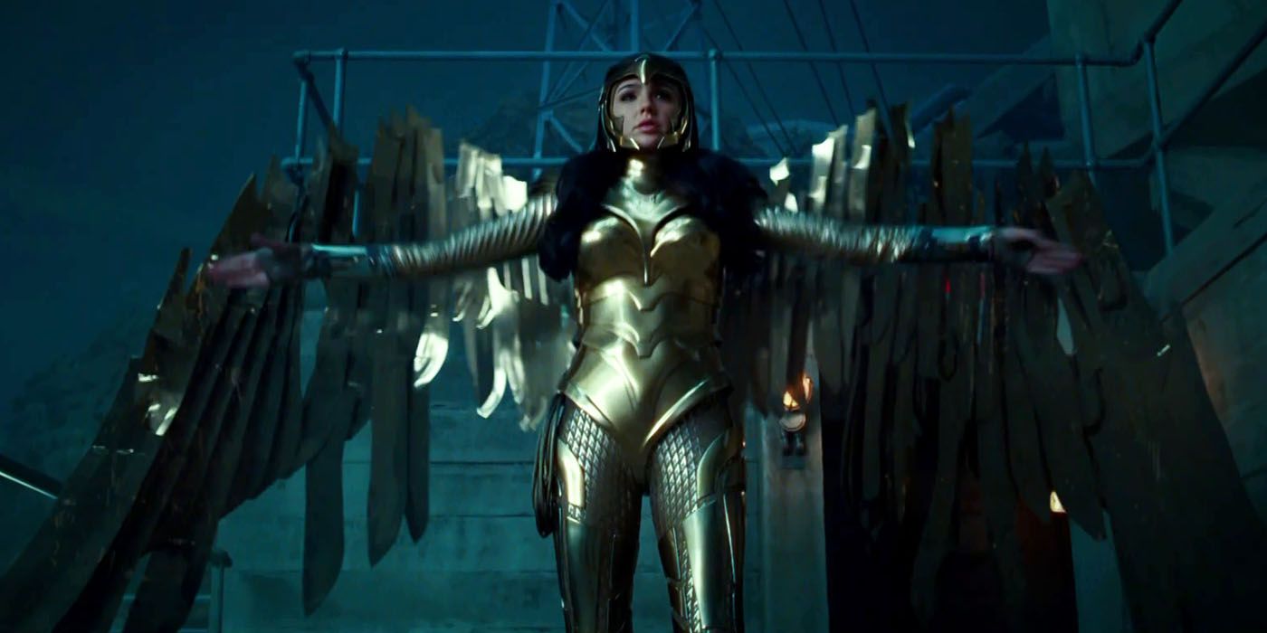 An image of Wonder Woman wearing her golden eagle armor in the 1984 movie