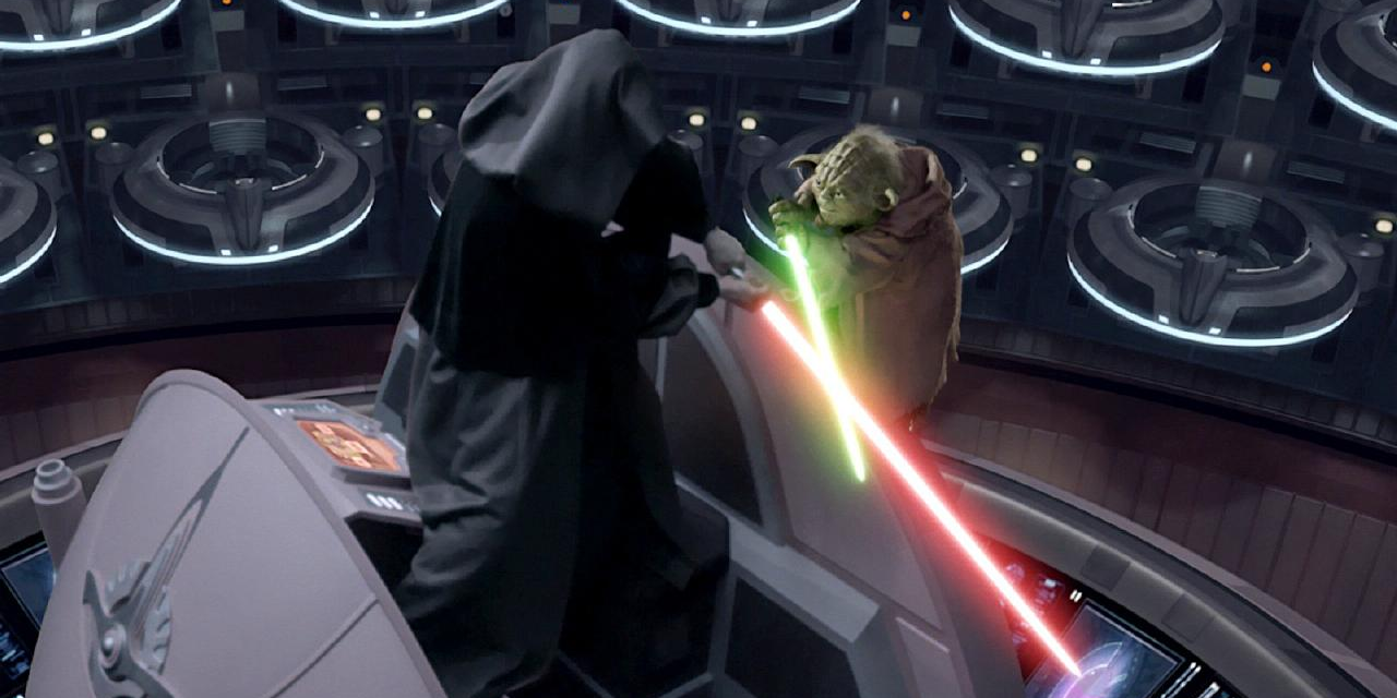 Yoda fighting Darth Sidious on the Senate floor in Revenge of the Sith