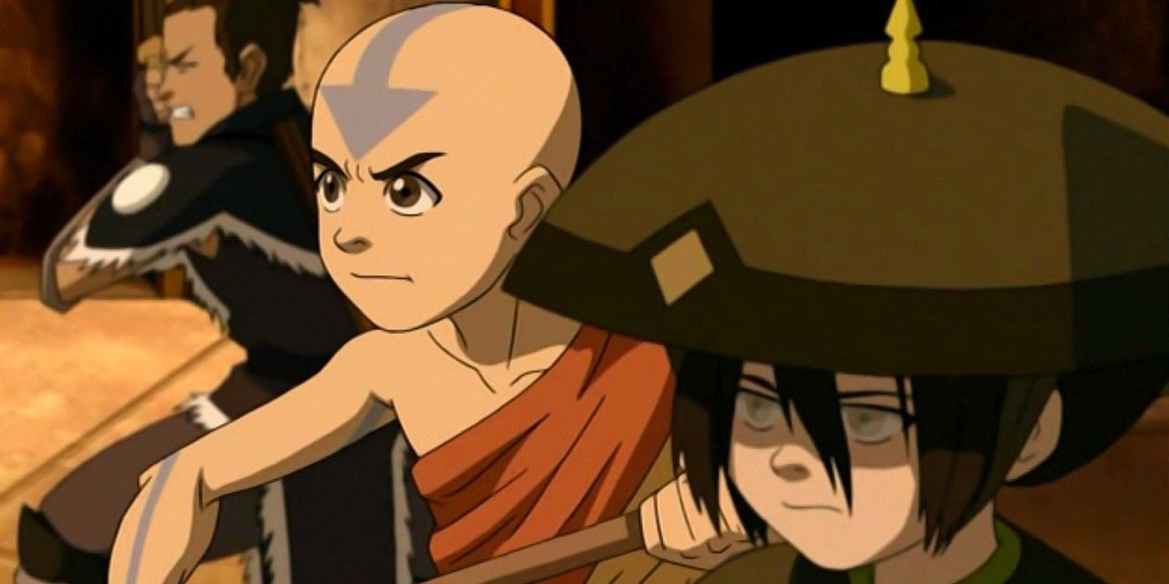 Toph sits with Aang at a table in Avatar: The Last Airbender.